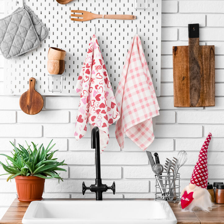 Set of 2 Hearts and Pink Plaid Valentine's Day Kitchen Tea Towels 26"