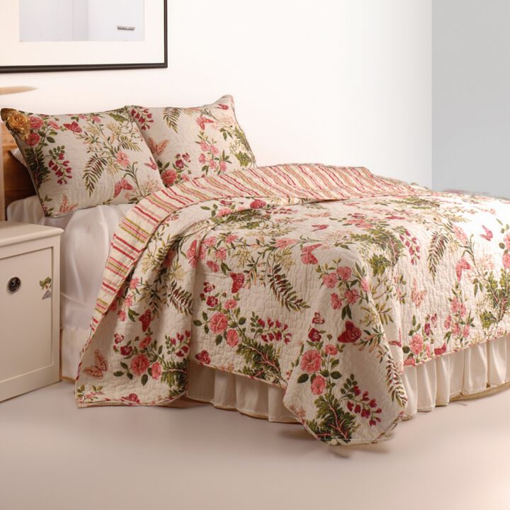 Atlanta Fabric 3 Piece Queen Size Quilt Set with Butterfly Print,Multicolor - Benzara