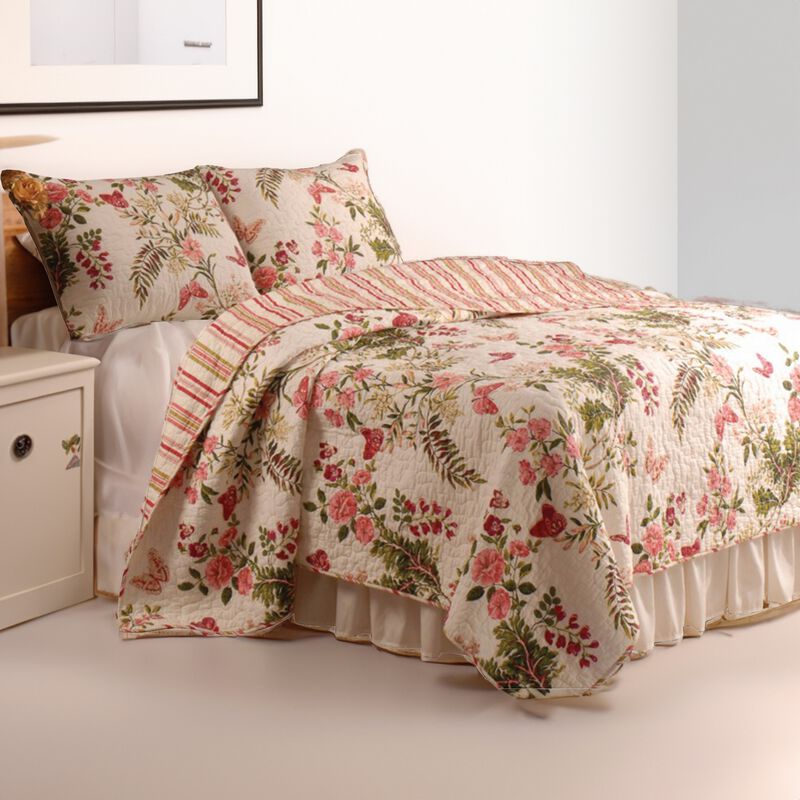Atlanta Fabric 3 Piece Queen Size Quilt Set with Butterfly Print,Multicolor - Benzara