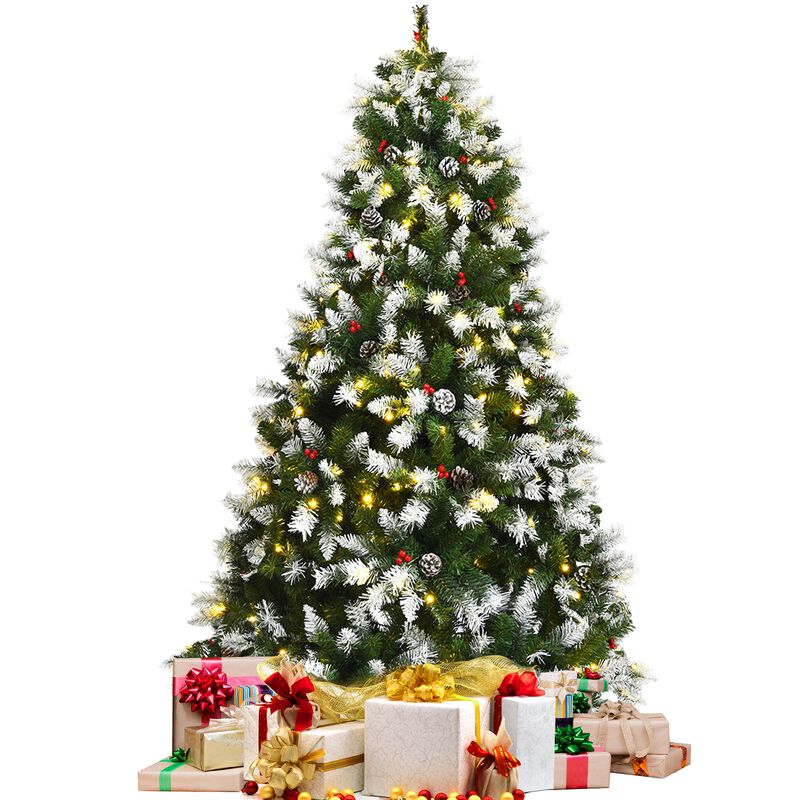 Pre-lit Snow Flocked Christmas Tree with Red Berries and LED Lights