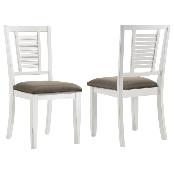 Tonie Dining Chair Set of 2, Dark Brown Fabric, Distressed White Wood - Benzara