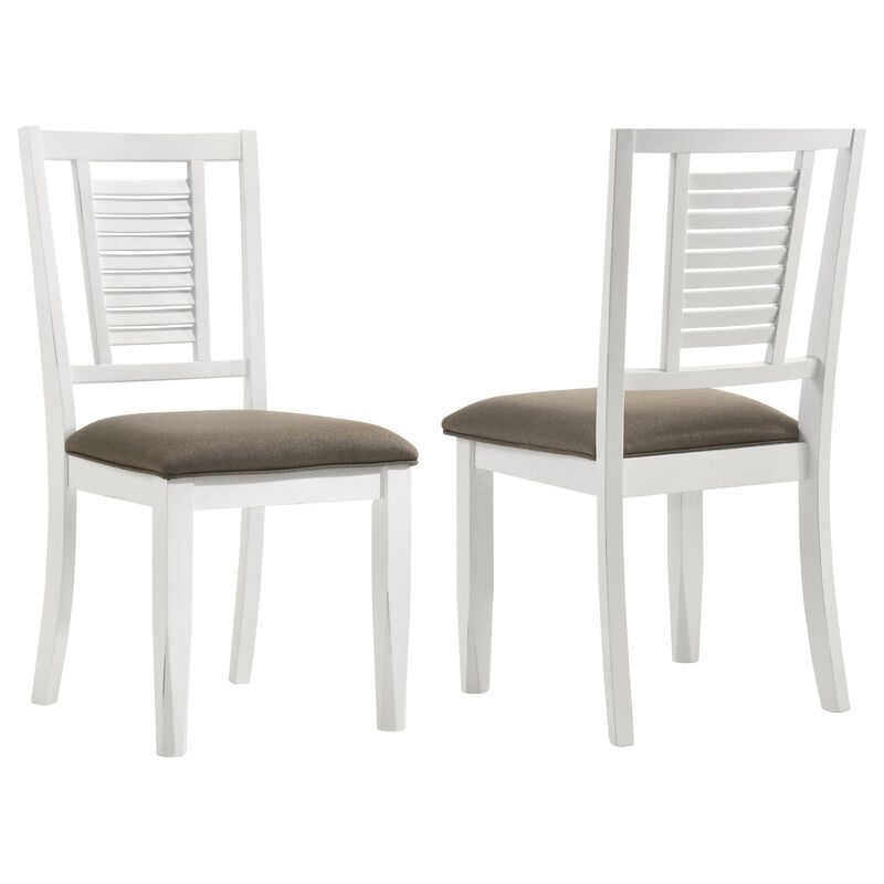 Tonie Dining Chair Set of 2, Dark Brown Fabric, Distressed White Wood - Benzara