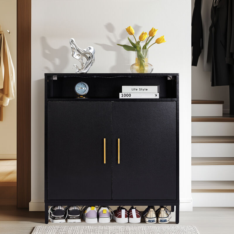 Freestanding Shoe Cabinet with Double Doors, 6 Tiers & Built-in LED Lights for Entryway Storage