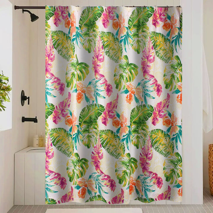 Porto 72 Inch Shower Curtain, Tropical Palm Leaves, Vibrant Blue and Green-Benzara
