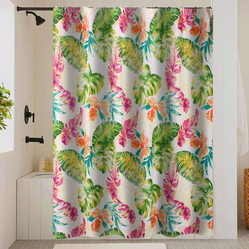 Porto 72 Inch Shower Curtain, Tropical Palm Leaves, Vibrant Blue and Green-Benzara