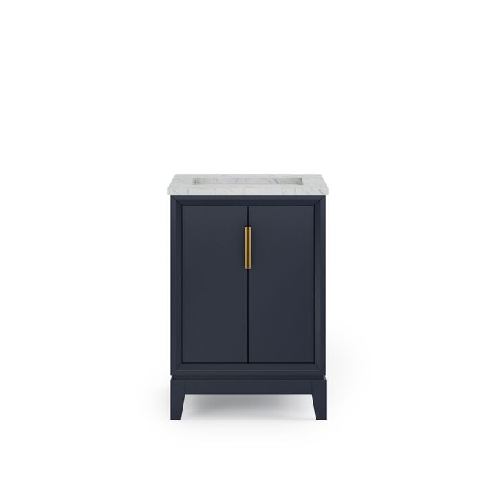 Elizabeth 24 In. Single Sink Carrara White Marble Countertop Bath Vanity In Monarch Blue with Satin Gold Hardware