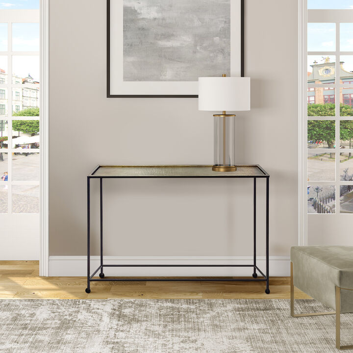 Aurelia 48 Inch Console Sofa Table, Artisanal Hammered Antique Bronze Tray Top, Industrial Black Iron Frame-Benzara