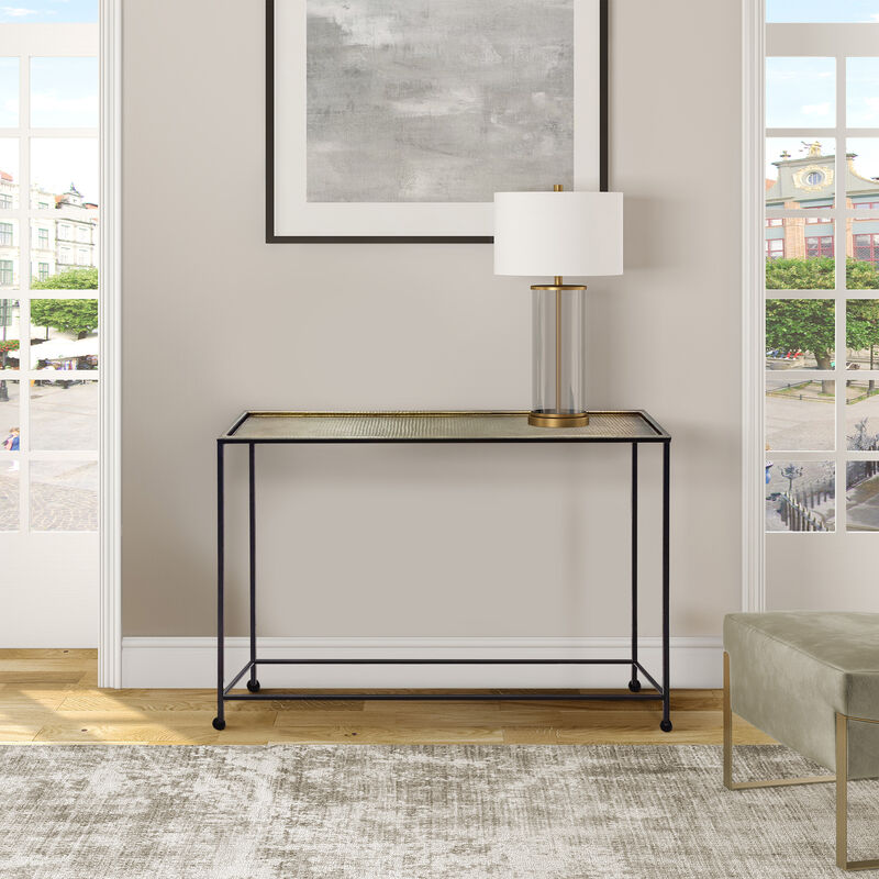Aurelia 48 Inch Console Sofa Table, Artisanal Hammered Antique Bronze Tray Top, Industrial Black Iron Frame-Benzara