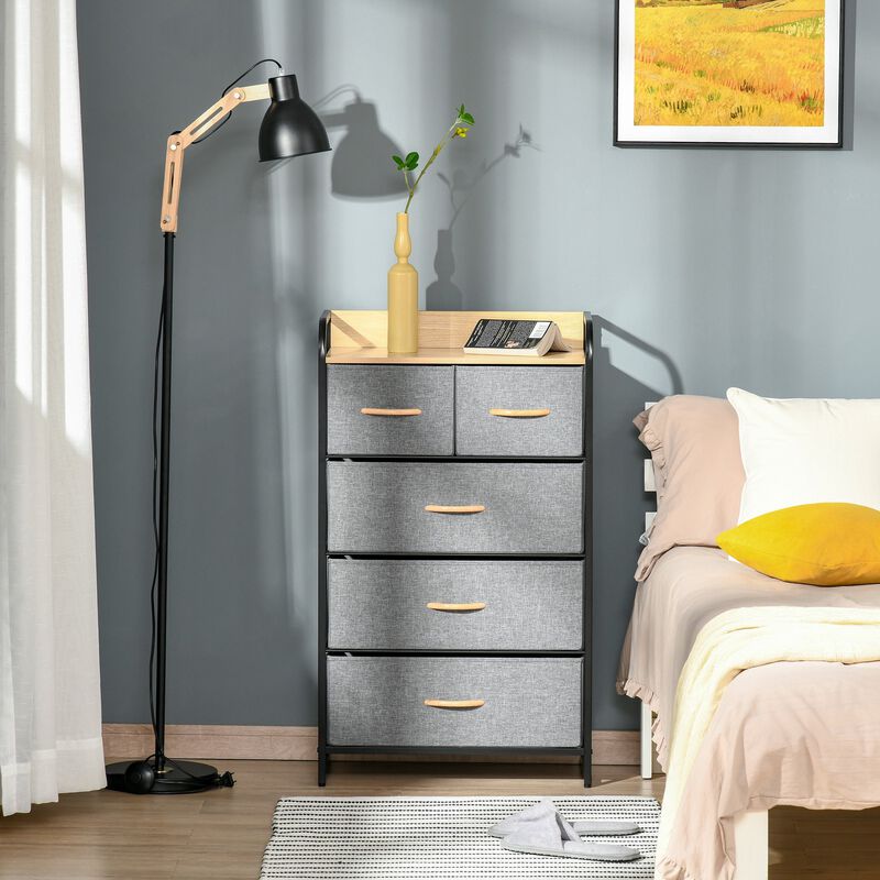 Light Gray Bedroom Tower: 5-Drawer Dresser with Steel Frame