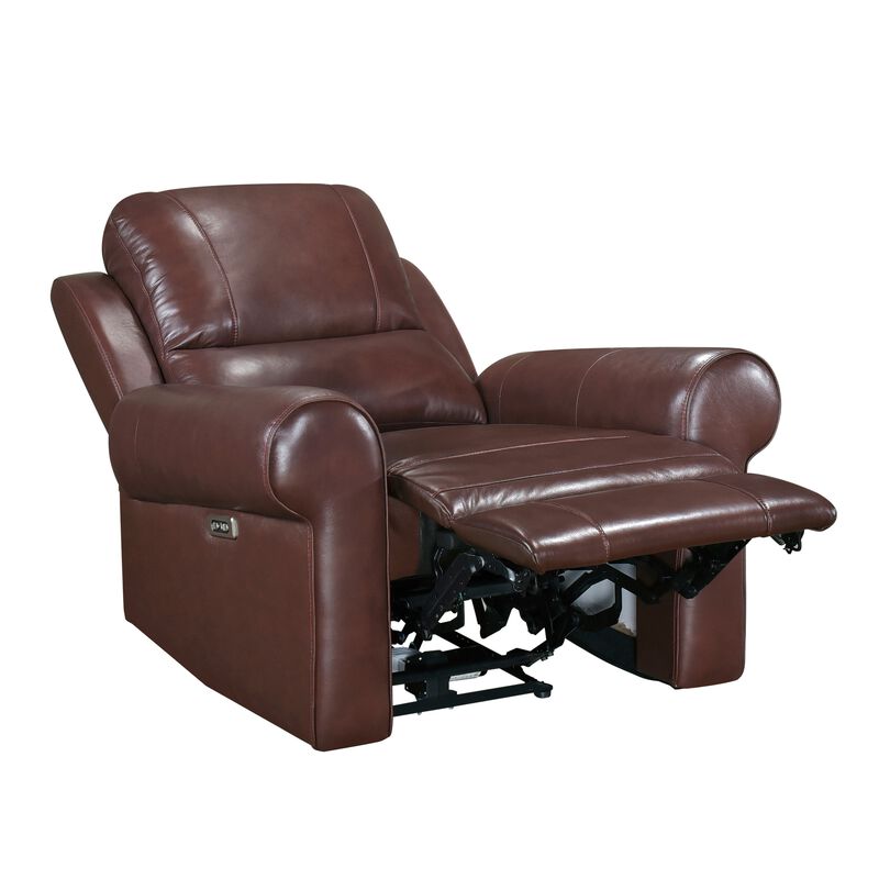 Michael 39 Inch Power Recliner Chair, USB Port, Brown Top Grain Leather - Benzara