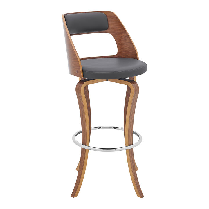 Grady Swivel Gray Faux Leather and Walnut Wood Bar Stool