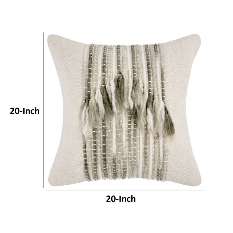 Broz Accent Throw Pillow, 20 Inch Wool Applique, Ivory Cotton Linen - Benzara
