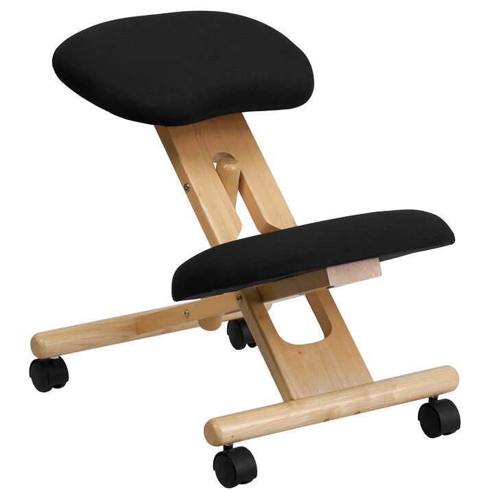 Flash Furniture Posey Mobile Wooden Ergonomic Kneeling Office Chair in Black Fabric