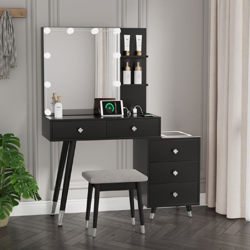 Vanity Mirror Cabinet with LED Lights, 5 Drawers & Storage Shelves