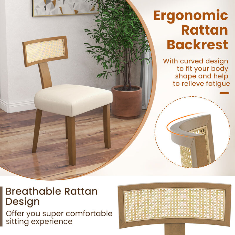 Set of 2 Linen Fabric Upholstered Accent Dining Chairs with Curved Rattan Backrests
