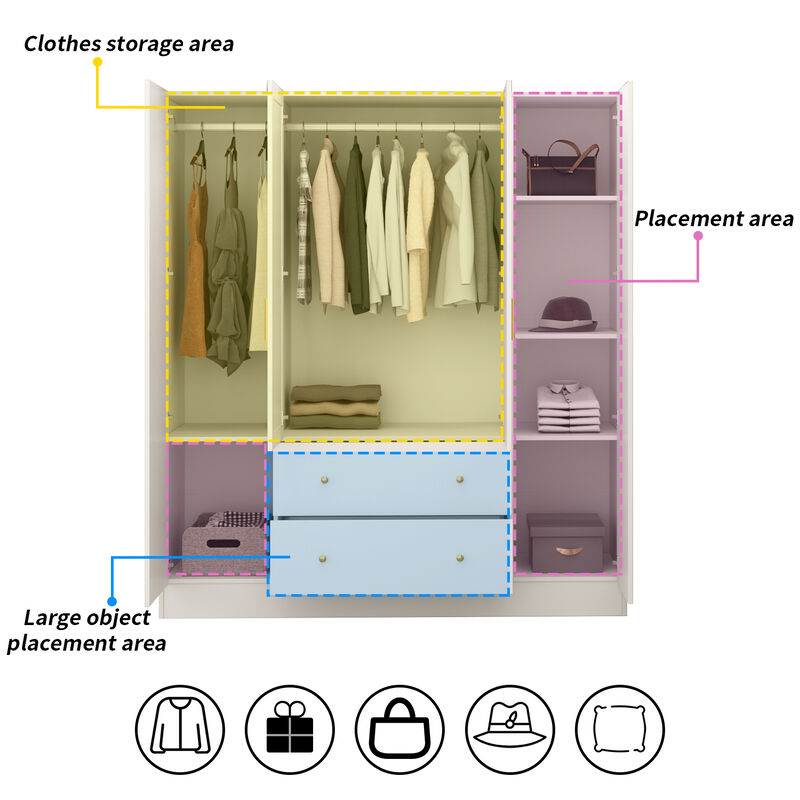 White 4-Door Armoires with Mirror, 2 Hanging Rods, 2-Drawers and Storage Shelves (19.7 in. D x 63 in. W x 70.9 in. H)