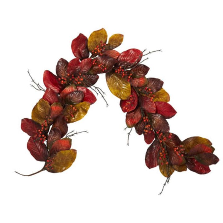 Hivvago 6' Autumn Magnolia Leaf with Berries Artificial Garland
