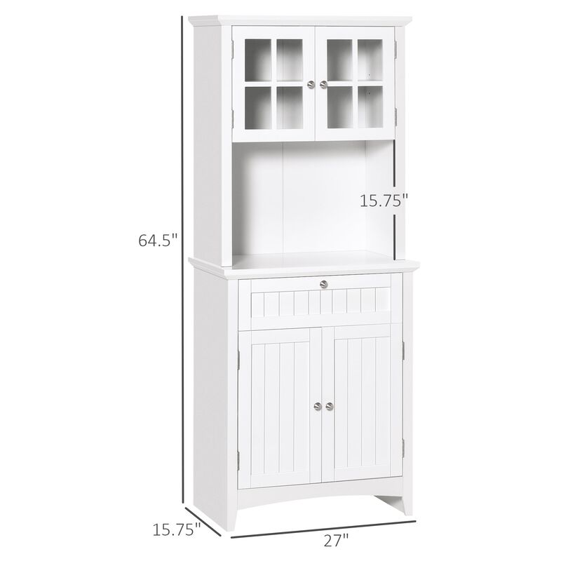 White Kitchen Buffet: Freestanding Hutch with Glass Door and Drawer