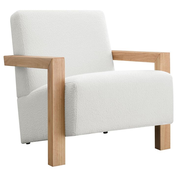 Fitz Accent Chair, Soft Ivory Boucle Cushions, Natural Brown Wood - Benzara