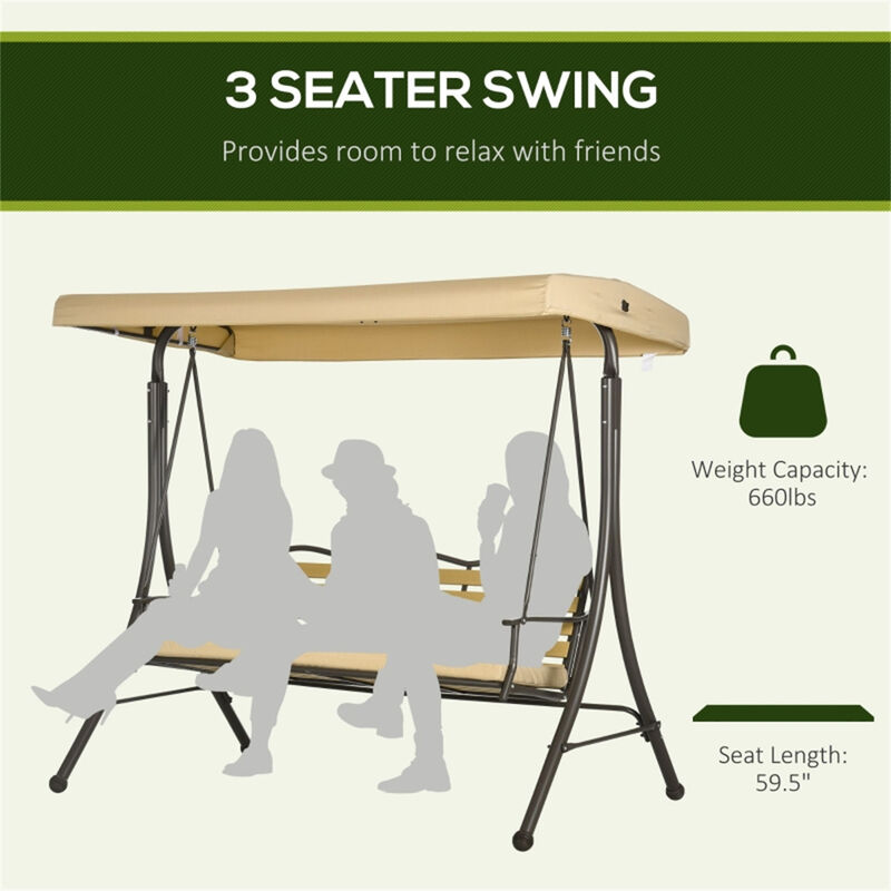 3-Seat Patio Swing Chair, Comfortable Outdoor Swing with Canopy for Deck & Terrace