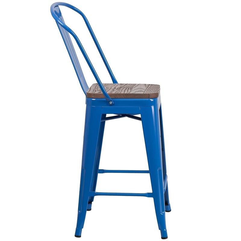Flash Furniture Lily 24" High Blue Metal Counter Height Stool with Back and Wood Seat