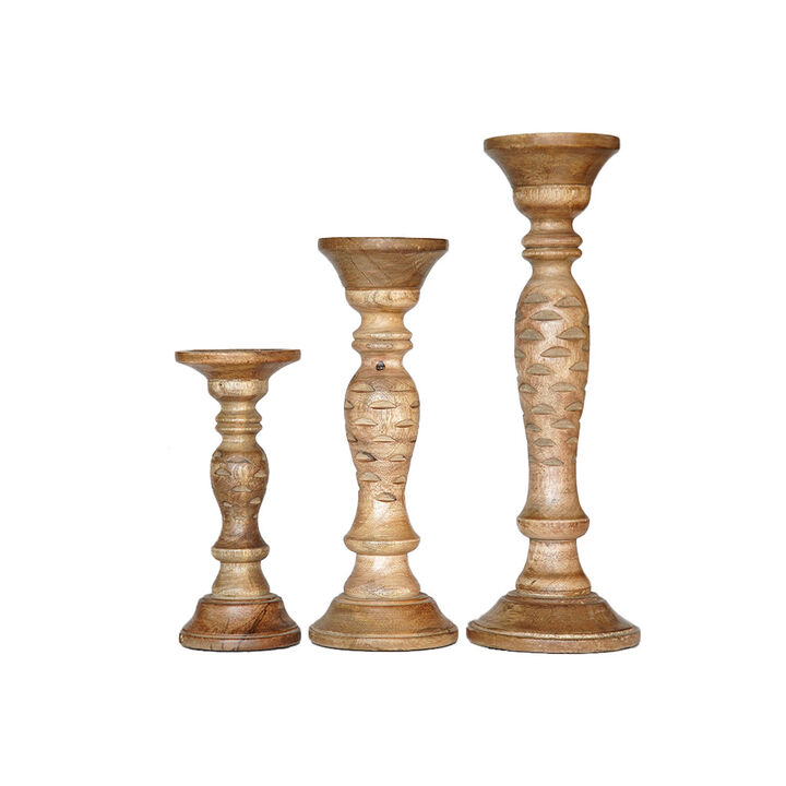 Traditional Wallnut Eco-friendly Handmade Mango Wood Set Of Three 9",12" & 15" Pillar Candle Holder