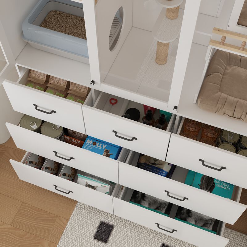 FUFU&GAGA MDF Cat Cabinet with 7 Spacious Drawers, Metal Handles & Lock – Cable Management, Cat Hole, (55" x 19.7" x 70.9"), White