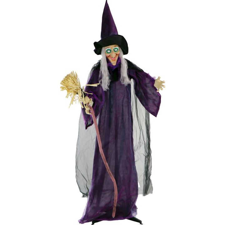 Haunted Hill Farm 72 Standing Witch Holding Broom, Light-up-Eyes, Sound, Rotating Head