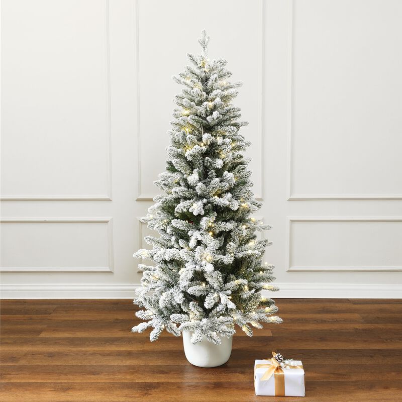 LuxenHome 5Ft Multicolored Pre-Lit Flocked Artificial Tree Potted