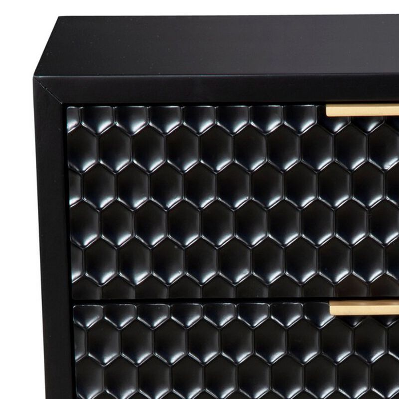 Rexi 26 Inch 2 Drawer Nightstand, Honeycomb, Mahogany Wood, Black, Gold-Benzara