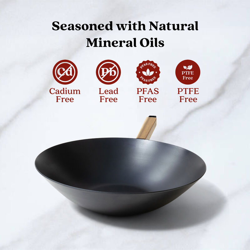 Alva Forest Carbon Steel Wok Pan 12" Pre-Seasoned with Natural Mineral Oil, Acacia Wood Stay Cool Handle Nonstick Stir-Fry Wok Pan, Non Toxic, Compatible with All Stovetops & Induction Safe