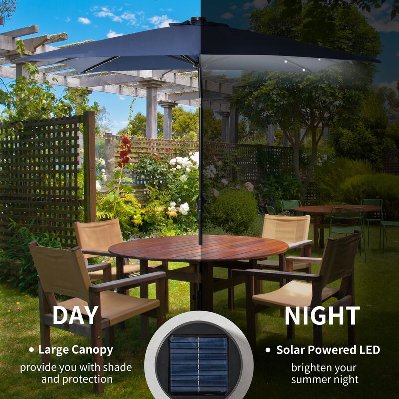 Blue Patio Shade: 9x7 ft Umbrella with Solar LED Lights