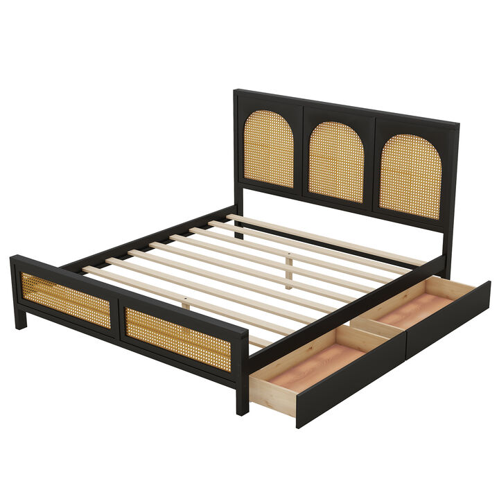 Queen Size Wood Storage Platform Bed With 2 Drawers, Rattan Headboard And Footboard
