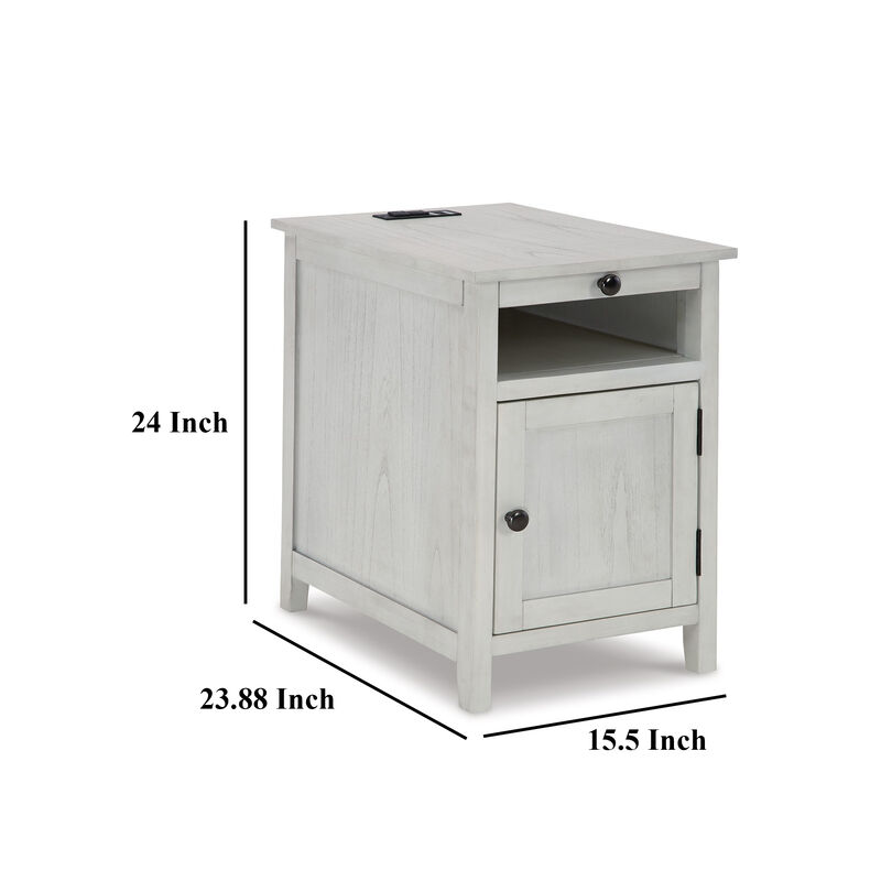 Gena Side End Table, Shelf and Pull Out Tray, White Solid Wood 24 Inch - Benzara