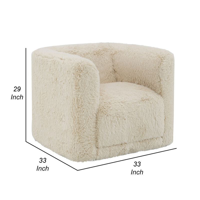 Savoir Swivel Accent Chair, Modern Soft Furry Beige Fabric, Round Arms - Benzara