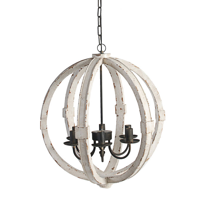 22 Inch 6 Light Wood Chandelier, Candelabra Style,Classic, White Finish-Benzara