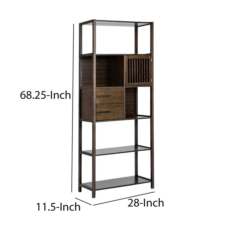 Axa 68 Inch Bamboo Shelf Bookcase with Cabinet, Right Facing, Dark Brown-Benzara