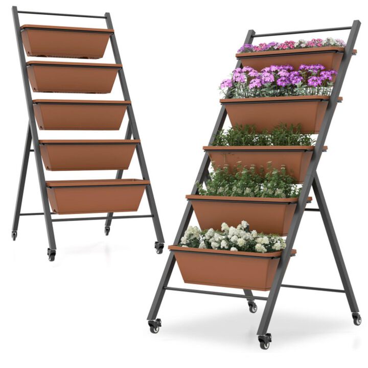 Hivvago 5-Tier Vertical Raised Garden Bed with Wheels and Container Boxes-Brown