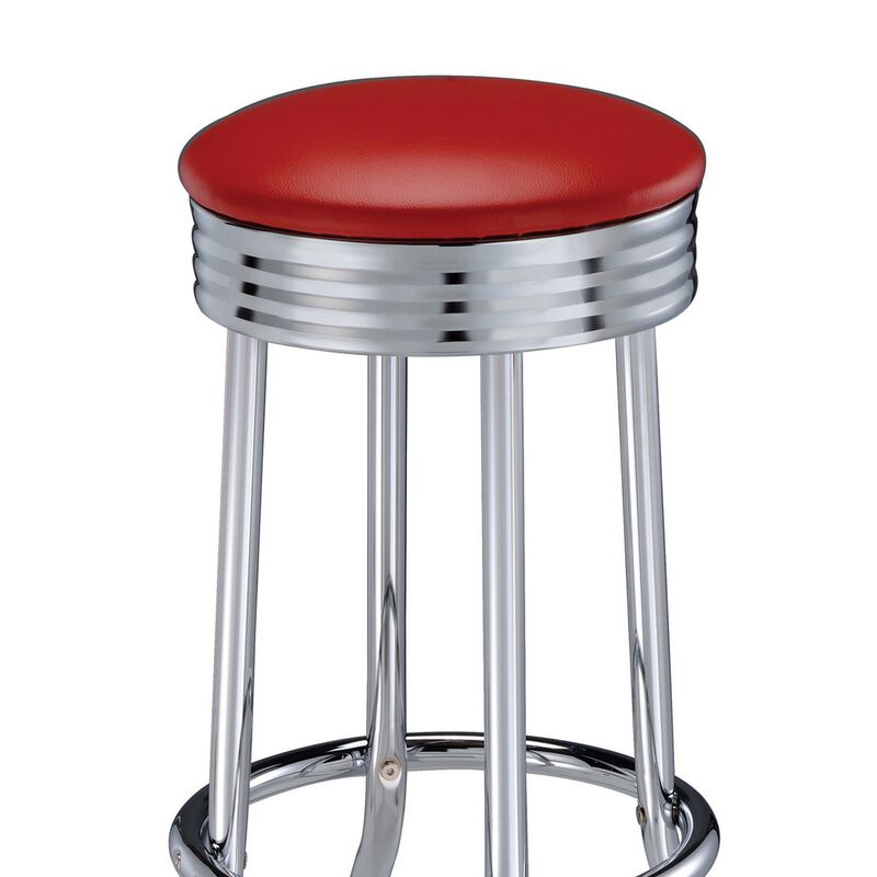 30 Inch Set of 2 Retro Barstools, Retro Red Faux Leather Seats, Chrome Legs-Benzara