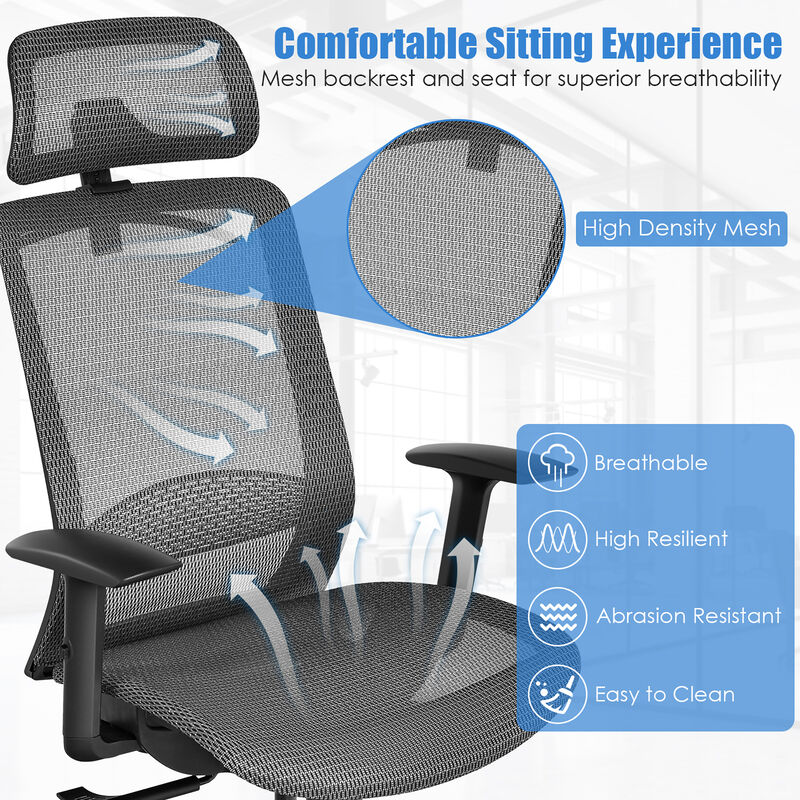 Costway Ergonomic High Back Mesh Office Chair Recliner Task Chair w/Hanger Grey