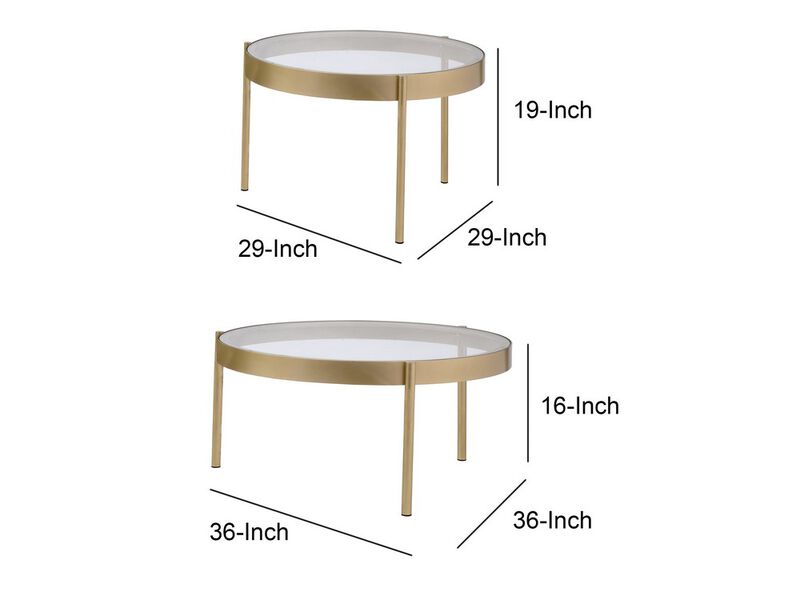 Contemporary Metal and Glass Round Nesting Table, Set of 2, Gold and Clear - Benzara