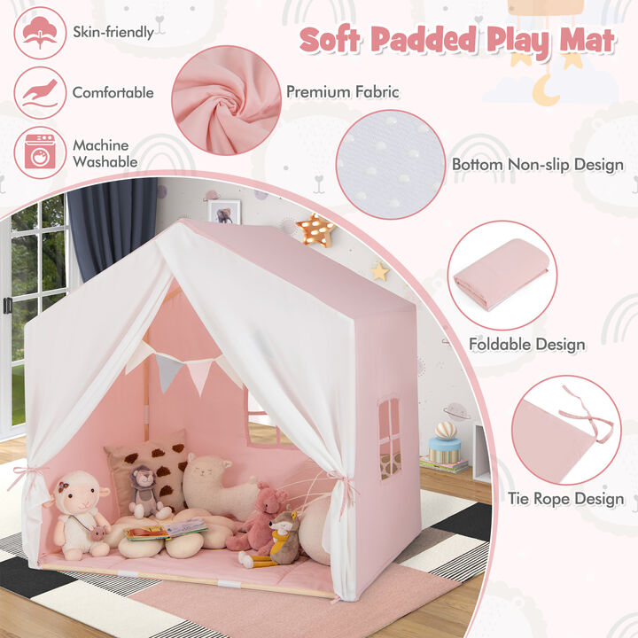 Kid's Play Tent with Washable Cotton Mat and Flag Banner