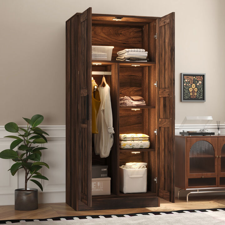 Merax 2-Door Wooden Wardrobe with LED and 4 Storage Shelves