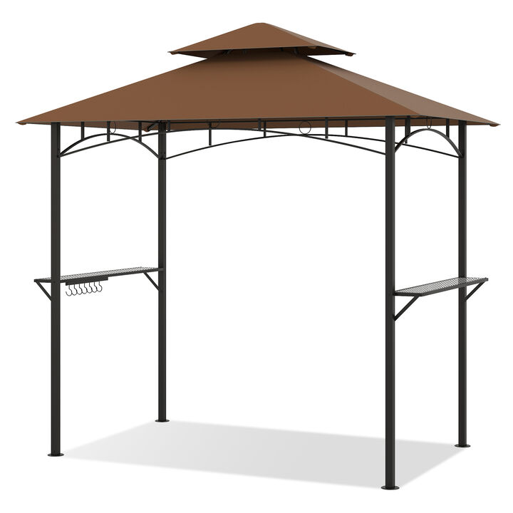 Outdoor Double-Tiered Grill Gazebo Canopy with 2 Shelves & 7 Hooks for Patio Cooking