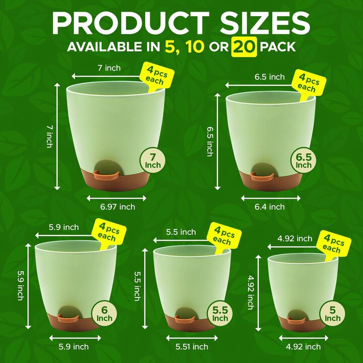 Campior Self-Watering Planters - 5 Size Indoor and Outdoor Plant Pots with Drainage Holes and Wick Rope, Plastic Pot for Succulents, Flowers, and Plants, (7”,6.5”,6”,5.5”,5” Inches), Pack of 20, Black