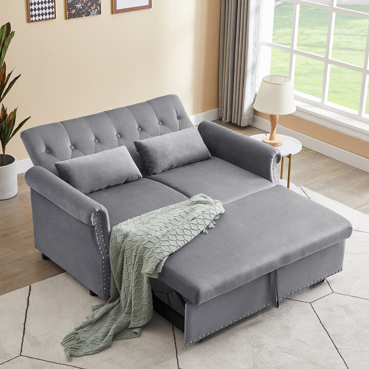 55" Modern Shiny Velvet Convertible Loveseat Sleeper Sofa Couch with 2 Lumbar Pillows