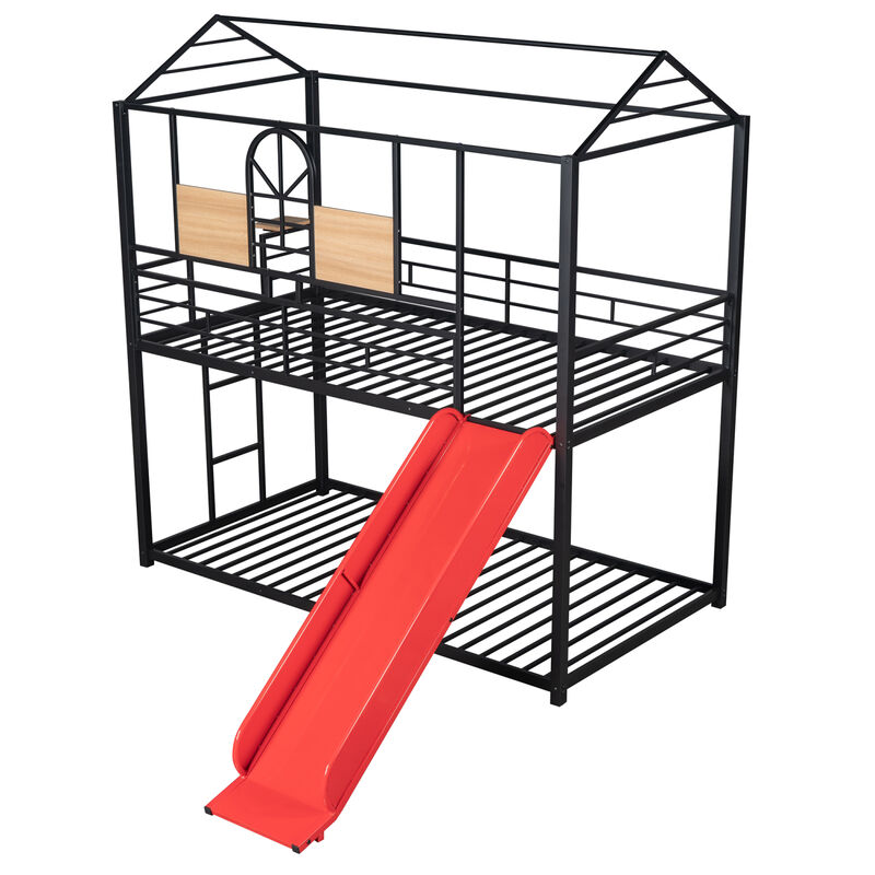 Twin Over Twin Metal Bunk Bed, Metal House Bed With Slide, Threes Available