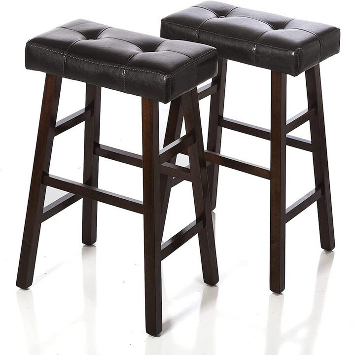 Legacy Decor Bar Height Stools Espresso Wood Tufted Faux Leather Finish