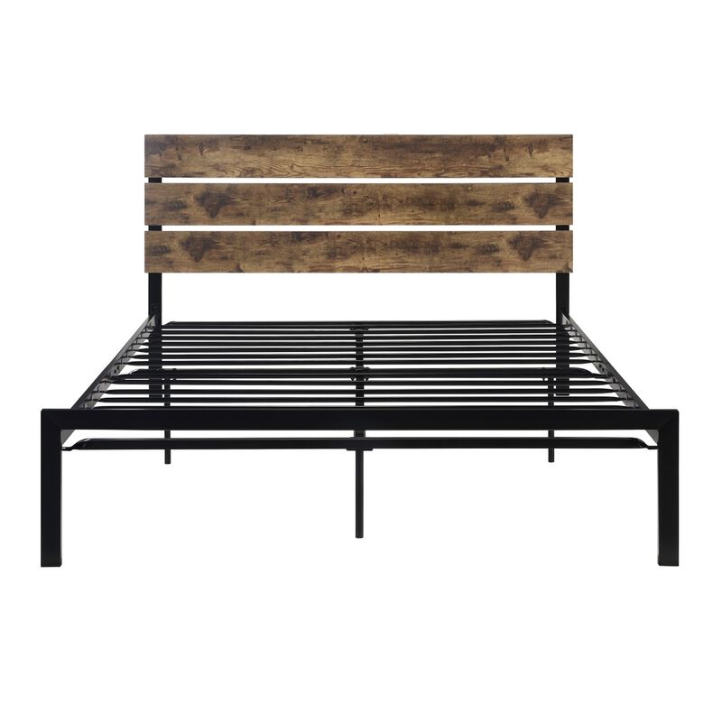 Mars Queen Platform Bed, Brown Faux Wood Slat Headboard, Black Metal Frame - Benzara