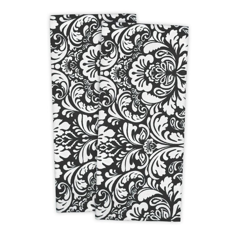 Set of 2 Black Damask-Style Multi-Purpose Dish Towels 18' x 28"